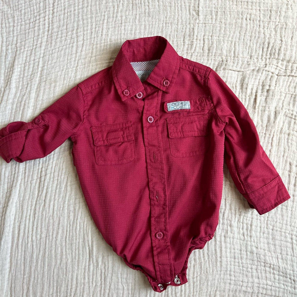 Red Long Sleeve Bodysuit with Collared Neckline